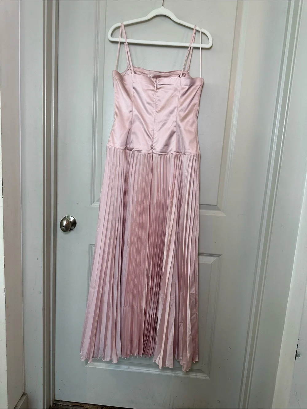 A&F Giselle Drop Waist Satin Accordion Skirt Baby Pink Strapless Maxi Dress, L